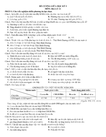 Đề cương giữa học kì I Địa lí 11