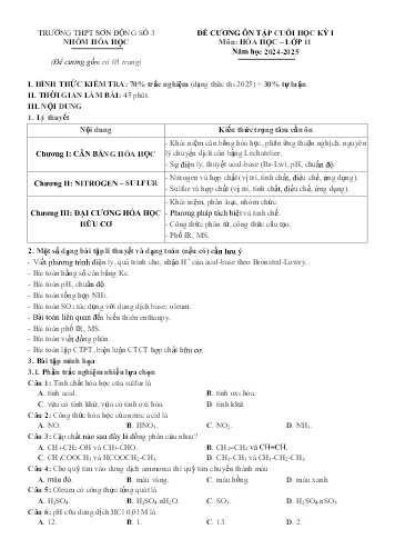 Đề cương ôn tập cuối học kì I Hóa học 11 - Năm học 2024-2025 - Trườn THPT Sơn Động số 3