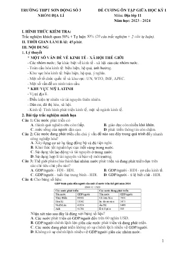 Đề cương ôn tập giữa học kì I Địa lí 11 - Năm học 2023-2024 - Trường THPT Sơn Động số 3