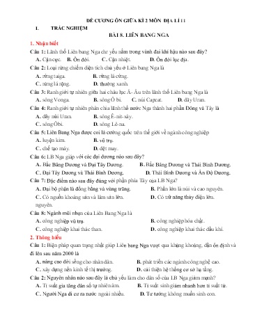 Đề cương ôn tập giữa học kì II môn Địa lí 11