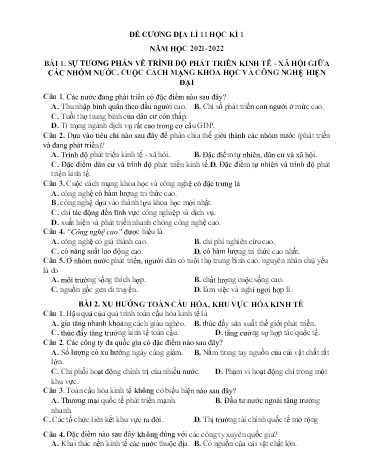 Đề cương ôn tập học kì I Địa lí 11 - Bài 1: Sự tương phản về trình độ phát triển kinh tế, xã hội giữa các nhóm nước. Cuộc cách mạng khoa học và công nghệ hiện đại - Năm học 2021-2022