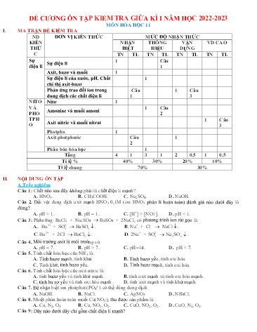 Đề cương ôn tập kiểm tra giữa học kì I Hóa học Lớp 11 - Năm học 2022-2023