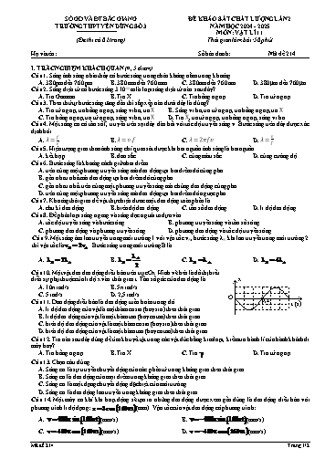 Đề khảo sát chất lượng Vật lí 11 (Lần 2) - Mã đề 214 - Năm học 2024-2025 - Trường THPT Yên Dũng số 3 (Có đáp án)
