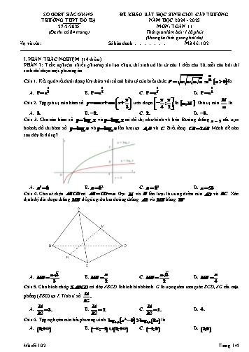 Đề khảo sát HSG Cấp trường Toán 11 - Mã đề 102 - Năm học 2024-2025 - Trường THPT Bố Hạ (Có đáp án)
