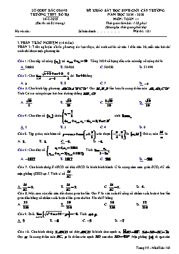 Đề khảo sát HSG Cấp trường Toán Lớp 11 - Mã đề 101 - Năm học 2024-2025 - Trường THPT Bố Hạ (Có đáp án)