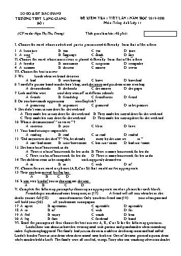 Đề kiểm tra 1 tiết học kì I Tiếng Anh 11 - Lần 1 - Năm học 2019-2020 - Trường THPT Lạng Giang số 1 (Có đáp án + Ma trận)