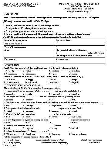 Đề kiểm tra 45 phút học kì I Tiếng Anh 11 thí điểm - Năm học 2019-2020 - Trường THPT Lạng Giang Số 1 (Có đáp án + File nghe)
