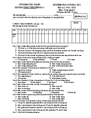 Đề kiểm tra cuối học kì I Công nghệ 11 - Mã đề 914 - Năm học 2021-2022 - Trường THPT Yên Dũng số 2 (Có đáp án + Ma trận)