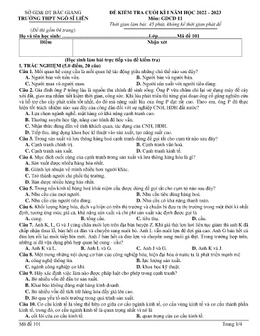 Đề kiểm tra cuối học kì I GDCD 11 - Mã đề 101 - Năm học 2022-2023 - Trường THPT Ngô Sĩ Liên
