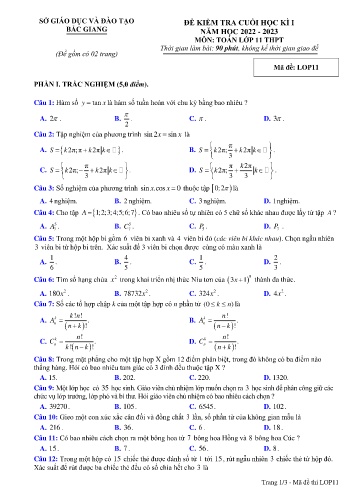 Đề kiểm tra cuối học kì I Toán 11 - Mã đề: LOP11 - Năm học 2022-2023 - Sở GD&ĐT Bắc Giang