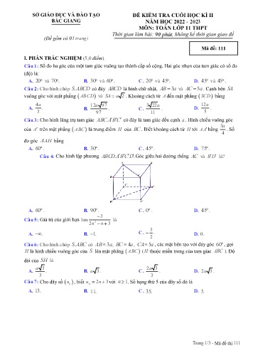 Đề kiểm tra cuối học kì II Toán 11 - Mã đề 111 - Năm học 2022-2023 - Sở GD&ĐT Bắc Giang