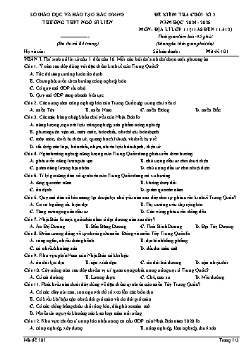 Đề kiểm tra cuối kì II Địa lí 11 - Mã đề 101 - Năm học 2024-2025 - Trường THPT Ngô Sĩ Liên (Có đáp án + Ma trận)