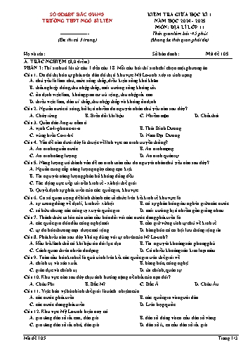 Đề kiểm tra giữa học kì I Địa lí 11 - Mã đề 105 - Năm học 2024-2025 - Trường THPT Ngô Sĩ Liên (Có đáp án + Ma trận)