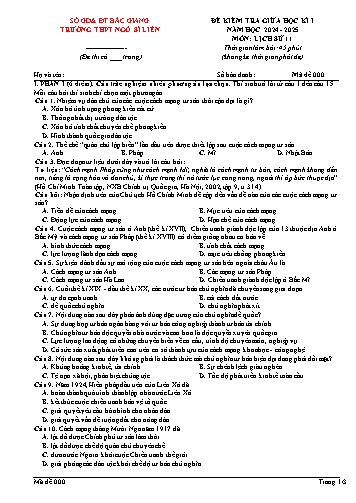 Đề kiểm tra giữa học kì I Lịch sử 11 - Mã đề 000 - Năm học 2024-2025 - Trường THPT Ngô Sĩ Liên (Có đáp án)