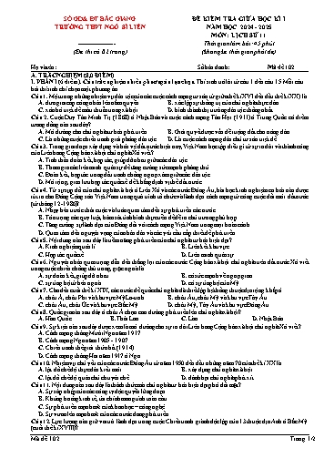 Đề kiểm tra giữa học kì I Lịch sử 11 - Mã đề 102 - Năm học 2024-2025 - Trường THPT Ngô Sĩ Liên (Có đáp án + Ma trận)
