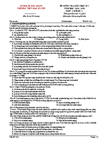 Đề kiểm tra giữa học kì I Lịch sử 11 - Mã đề 103 - Năm học 2024-2025 - Trường THPT Ngô Sĩ Liên (Có đáp án + Ma trận)
