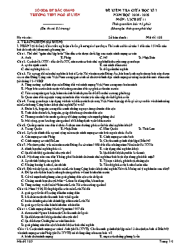 Đề kiểm tra giữa học kì I Lịch sử 11 - Mã đề 105 - Năm học 2024-2025 - Trường THPT Ngô Sĩ Liên (Có đáp án + Ma trận)