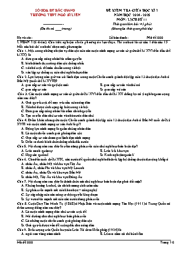 Đề kiểm tra giữa học kì I Lịch sử Lớp 11 - Mã đề 000 - Năm học 2024-2025 - Trường THPT Ngô Sĩ Liên (Có đáp án)