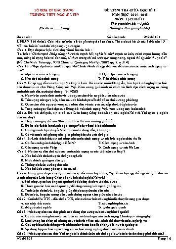 Đề kiểm tra giữa học kì I Lịch sử Lớp 11 - Mã đề 101 - Năm học 2024-2025 - Trường THPT Ngô Sĩ Liên (Có đáp án)
