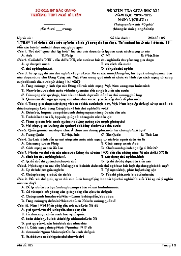Đề kiểm tra giữa học kì I Lịch sử Lớp 11 - Mã đề 105 - Năm học 2024-2025 - Trường THPT Ngô Sĩ Liên (Có đáp án)