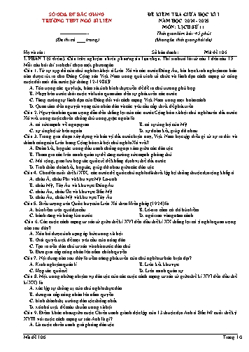 Đề kiểm tra giữa học kì I Lịch sử Lớp 11 - Mã đề 106 - Năm học 2024-2025 - Trường THPT Ngô Sĩ Liên (Có đáp án)