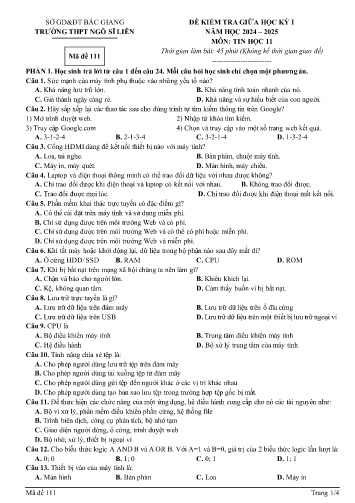 Đề kiểm tra giữa học kì I Tin học 11 - Mã đề 111 - Năm học 2024-2025 - Trường THPT Ngô Sĩ Liên (Có đáp án)