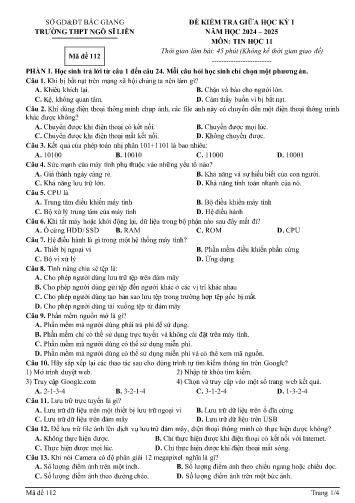 Đề kiểm tra giữa học kì I Tin học 11 - Mã đề 112 - Năm học 2024-2025 - Trường THPT Ngô Sĩ Liên (Có đáp án)