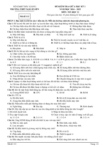 Đề kiểm tra giữa học kì I Tin học 11 - Mã đề 113 - Năm học 2024-2025 - Trường THPT Ngô Sĩ Liên (Có đáp án)