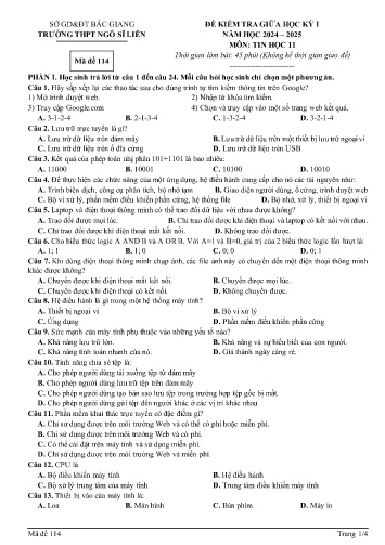 Đề kiểm tra giữa học kì I Tin học 11 - Mã đề 114 - Năm học 2024-2025 - Trường THPT Ngô Sĩ Liên (Có đáp án)