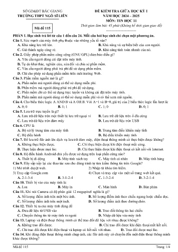 Đề kiểm tra giữa học kì I Tin học 11 - Mã đề 115 - Năm học 2024-2025 - Trường THPT Ngô Sĩ Liên (Có đáp án)