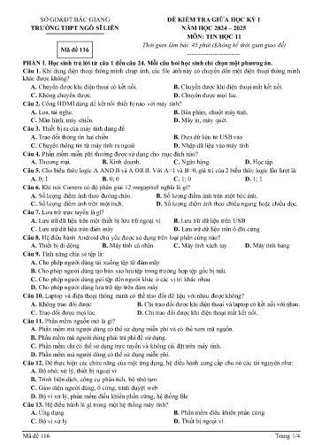Đề kiểm tra giữa học kì I Tin học 11 - Mã đề 116 - Năm học 2024-2025 - Trường THPT Ngô Sĩ Liên (Có đáp án)