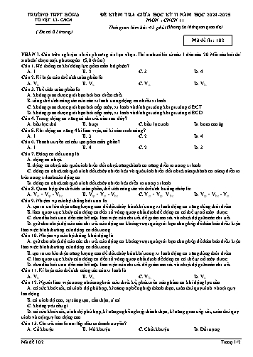 Đề kiểm tra giữa học kì II Công nghệ 11 - Mã đề 102 - Năm học 2024-2025 - Trường THPT Bố Hạ (Có đáp án + Ma trận)
