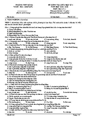 Đề kiểm tra giữa học kì II Địa lí 11 - Mã đề 101 - Năm học 2024-2025 - Trường THPT Bố Hạ (Có đáp án + Ma trận)