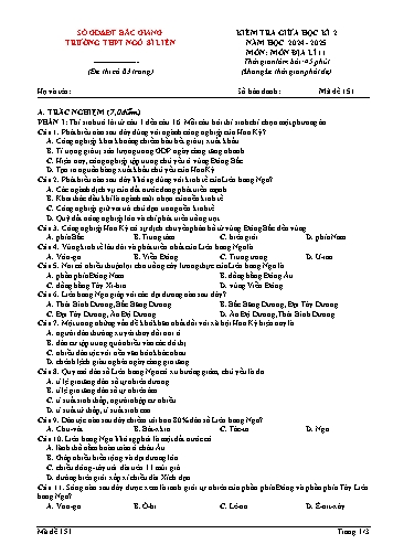Đề kiểm tra giữa học kì II Địa lí 11 - Mã đề 151 - Năm học 2024-2025 - Trường THPT Ngô Sĩ Liên (Có đáp án + Ma trận)