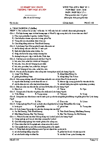 Đề kiểm tra giữa học kì II Địa lí 11 - Mã đề 155 - Năm học 2024-2025 - Trường THPT Ngô Sĩ Liên (Có đáp án + Ma trận)