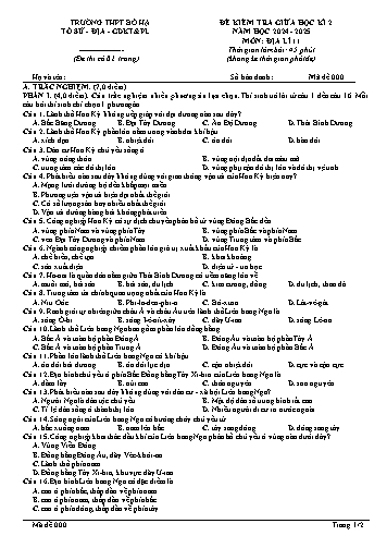 Đề kiểm tra giữa học kì II Địa lí 11 - Năm học 2024-2025 - Trường THPT Bố Hạ (Có đáp án + Ma trận)