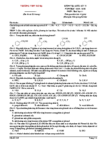 Đề kiểm tra giữa học kì II Hóa học 11 - Mã đề 104 - Năm học 2024-2025 - Trường THPT Bố Hạ (Có đáp án + Ma trận)