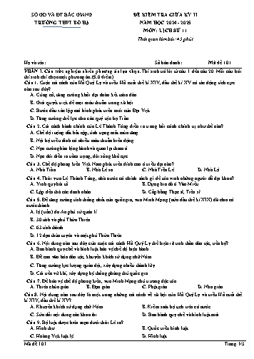 Đề kiểm tra giữa học kì II Lịch sử 11 - Mã đề 101 - Năm học 2024-2025 - Trường THPT Bố Hạ (Có đáp án + Ma trận)