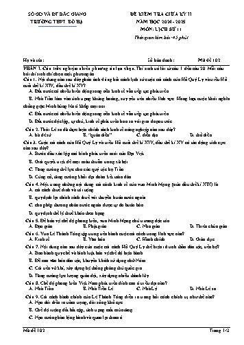Đề kiểm tra giữa học kì II Lịch sử 11 - Mã đề 102 - Năm học 2024-2025 - Trường THPT Bố Hạ (Có đáp án + Ma trận)
