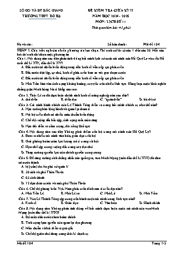 Đề kiểm tra giữa học kì II Lịch sử 11 - Mã đề 104 - Năm học 2024-2025 - Trường THPT Bố Hạ (Có đáp án + Ma trận)