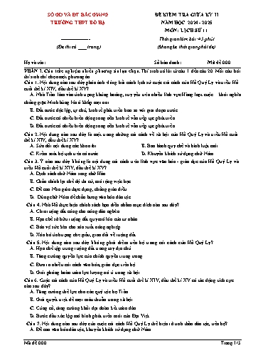 Đề kiểm tra giữa học kì II Lịch sử 11 - Năm học 2024-2025 - Trường THPT Bố Hạ (Có đáp án + Ma trận)