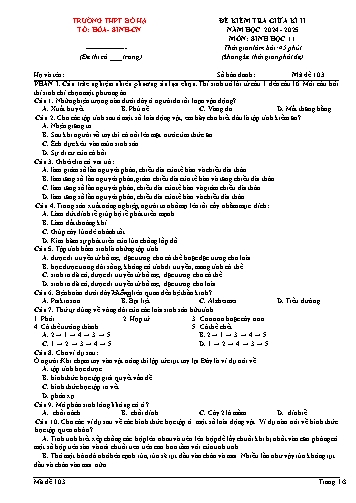 Đề kiểm tra giữa học kì II Sinh học 11 - Mã đề 103 - Năm học 2024-2025 - Trường THPT Bố Hạ (Có đáp án + Ma trận)