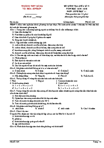 Đề kiểm tra giữa học kì II Sinh học 11 - Mã đề 104 - Năm học 2024-2025 - Trường THPT Bố Hạ (Có đáp án + Ma trận)