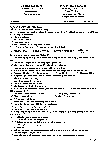 Đề kiểm tra giữa học kì II Tin học 11 - Mã đề 101 - Năm học 2024-2025 - Trường THPT Bố Hạ (Có đáp án + Ma trận)