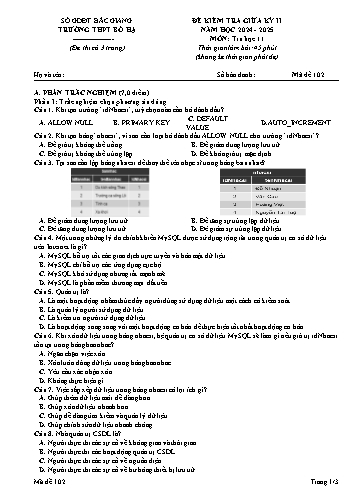 Đề kiểm tra giữa học kì II Tin học 11 - Mã đề 102 - Năm học 2024-2025 - Trường THPT Bố Hạ (Có đáp án + Ma trận)