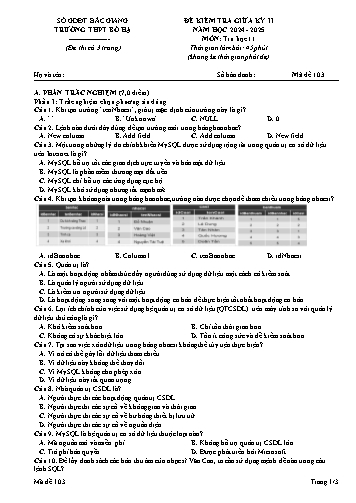 Đề kiểm tra giữa học kì II Tin học 11 - Mã đề 103 - Năm học 2024-2025 - Trường THPT Bố Hạ (Có đáp án + Ma trận)
