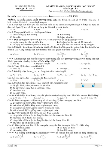 Đề kiểm tra giữa học kì II Vật lí 11 - Mã đề 101 - Năm học 2024-2025 - Trường THPT Bố Hạ (Có đáp án + Ma trận)