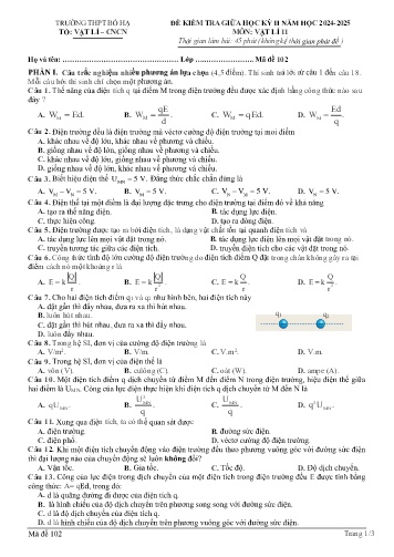 Đề kiểm tra giữa học kì II Vật lí 11 - Mã đề 102 - Năm học 2024-2025 - Trường THPT Bố Hạ (Có đáp án + Ma trận)