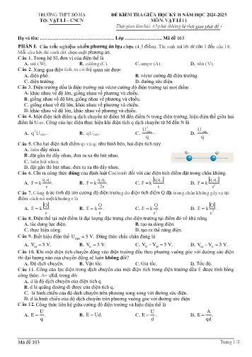 Đề kiểm tra giữa học kì II Vật lí 11 - Mã đề 103 - Năm học 2024-2025 - Trường THPT Bố Hạ (Có đáp án + Ma trận)