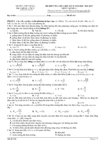Đề kiểm tra giữa học kì II Vật lí 11 - Mã đề 104 - Năm học 2024-2025 - Trường THPT Bố Hạ (Có đáp án + Ma trận)